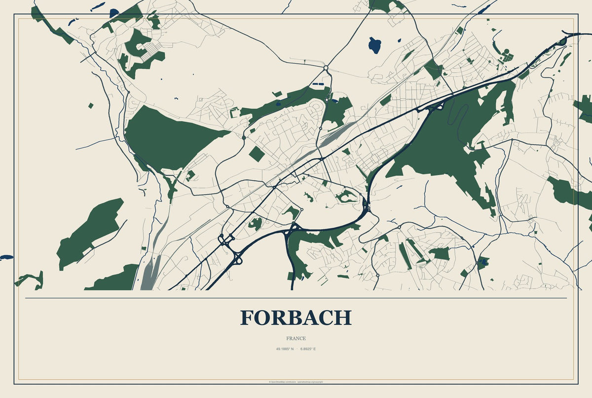 Forbach, France City Map Aluminum Sign in Coastal Cutout style