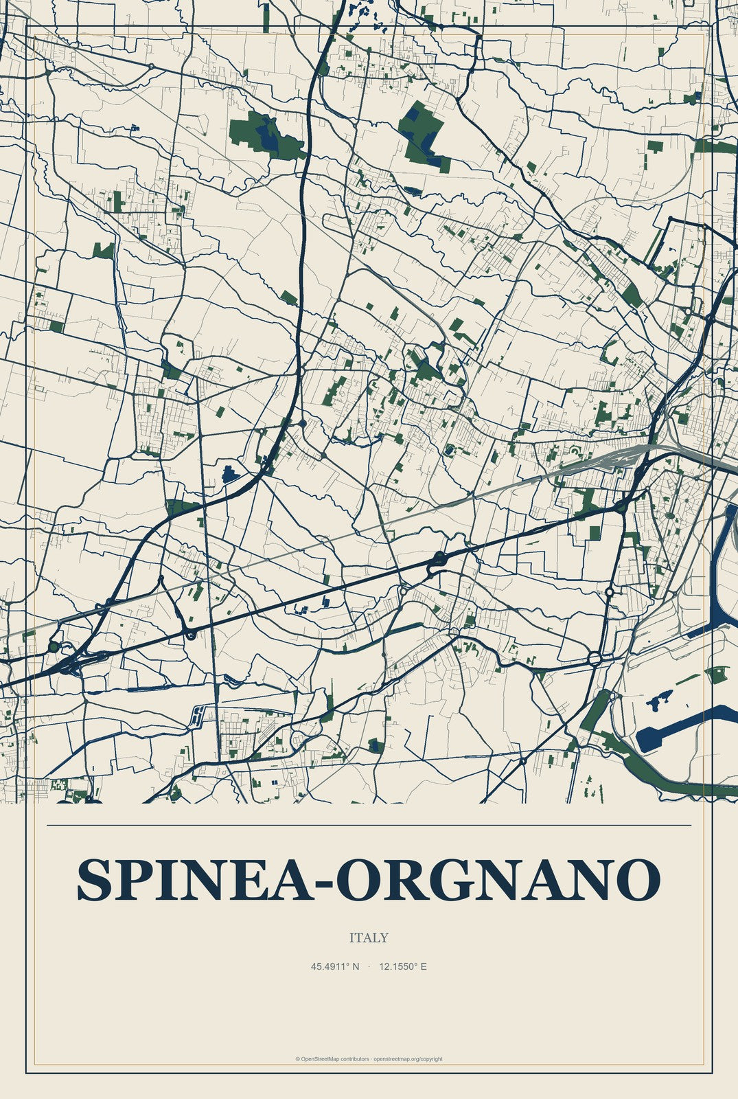 Spinea-Orgnano, Italy City Map Aluminum Sign in Coastal Cutout style