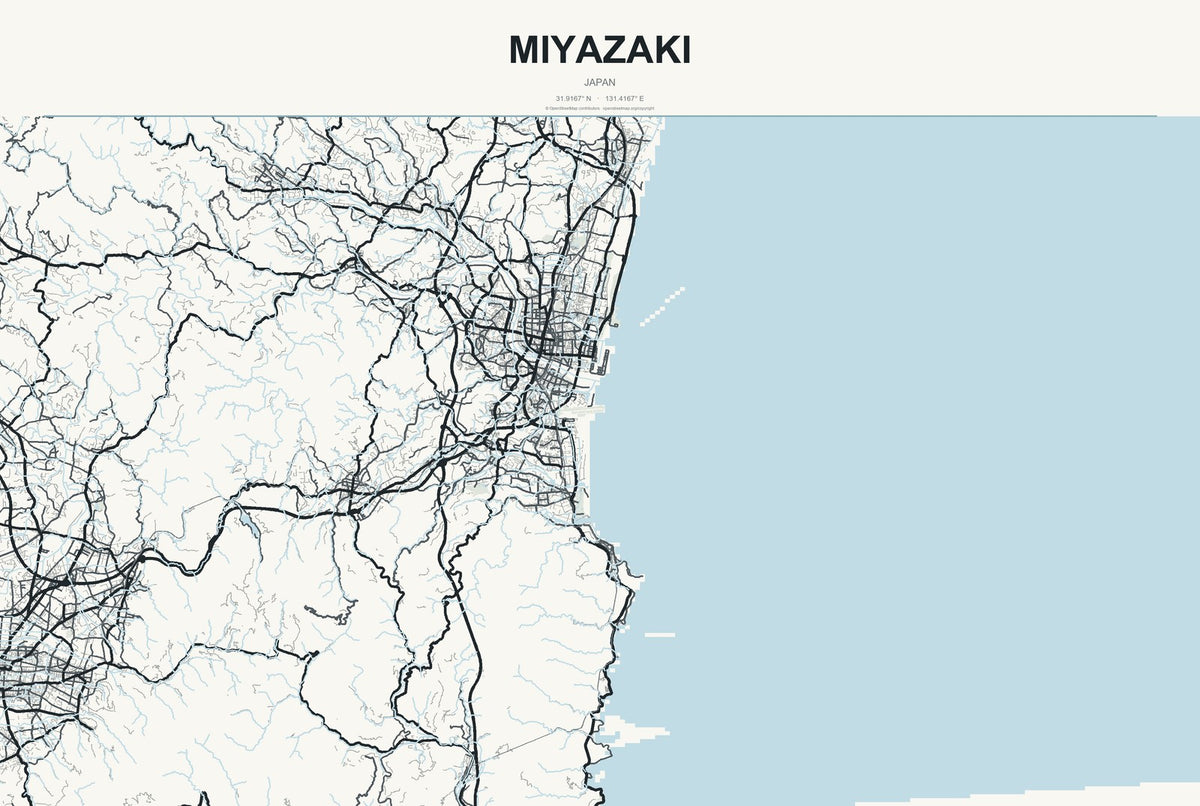 Miyazaki, Japan City Map Aluminum Sign in Headline Atlas style