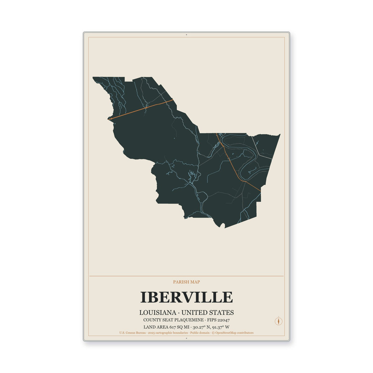Iberville Parish, Louisiana Map Aluminum Sign in Headline Atlas style