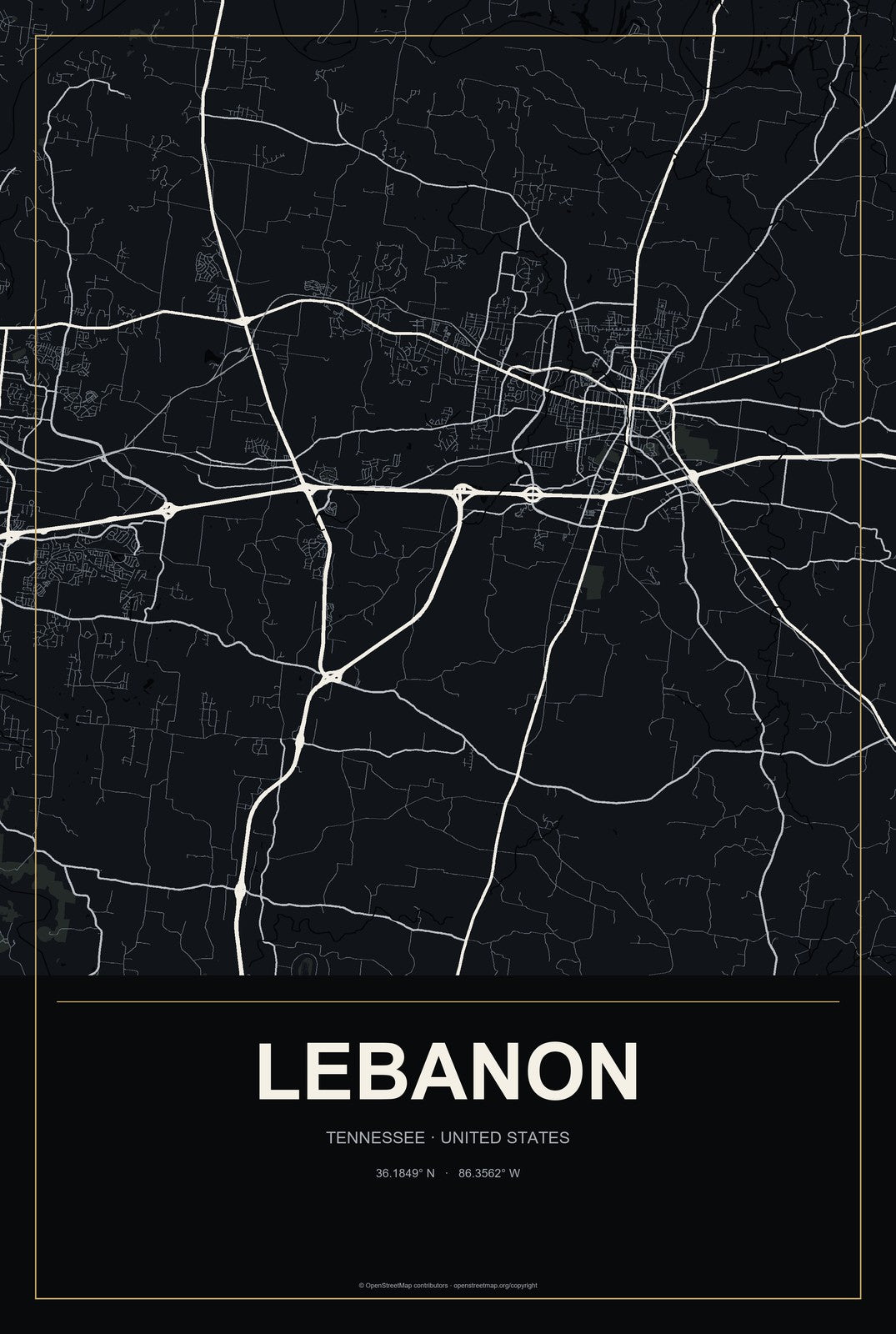 Lebanon, Tennessee City Map Aluminum Sign in Metropolitan Noir style
