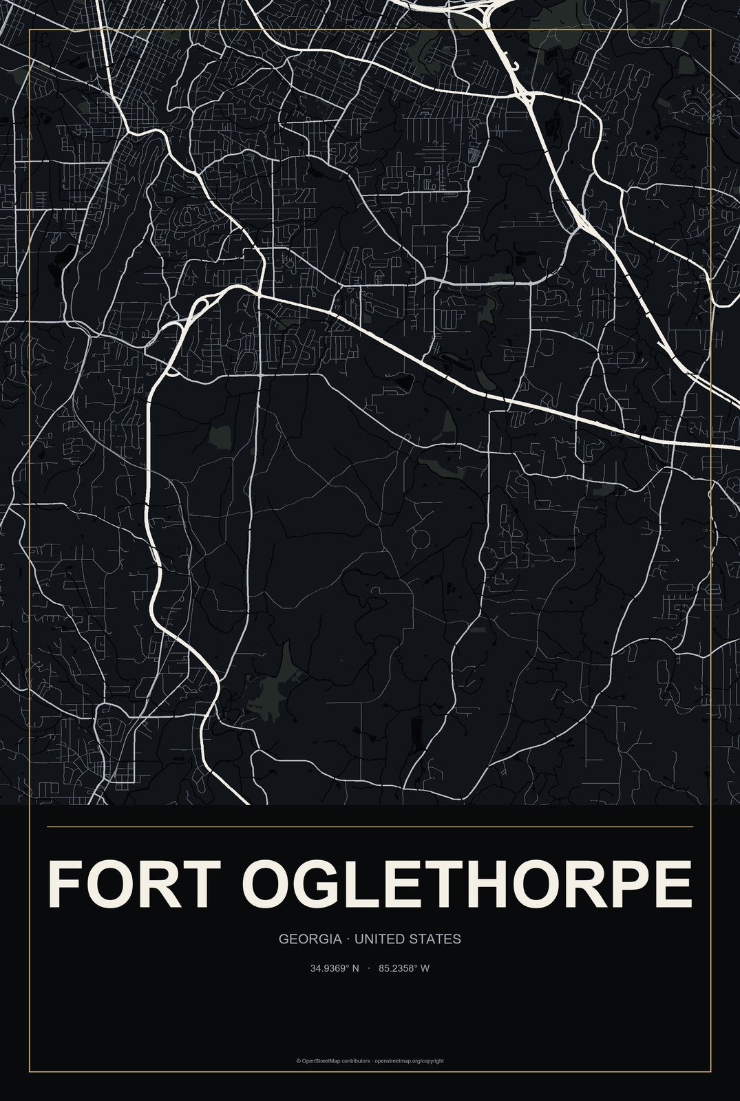 Fort Oglethorpe, Georgia City Map Aluminum Sign in Metropolitan Noir style