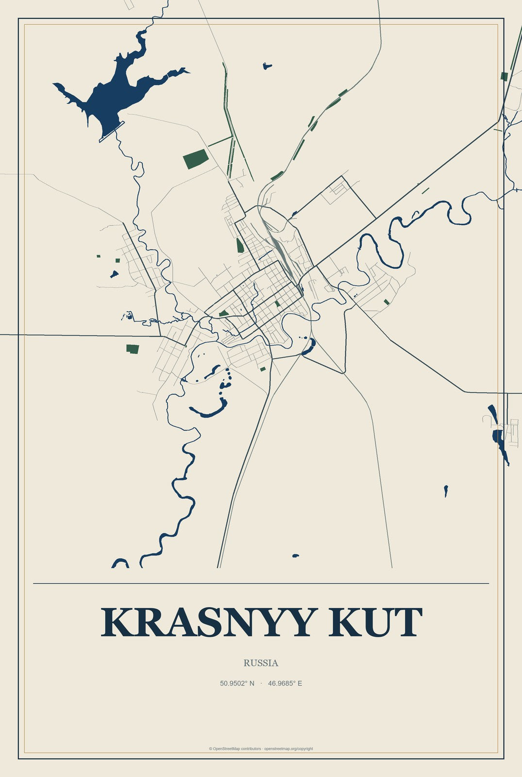 Krasnyy Kut, Russia City Map Aluminum Sign in Coastal Cutout style