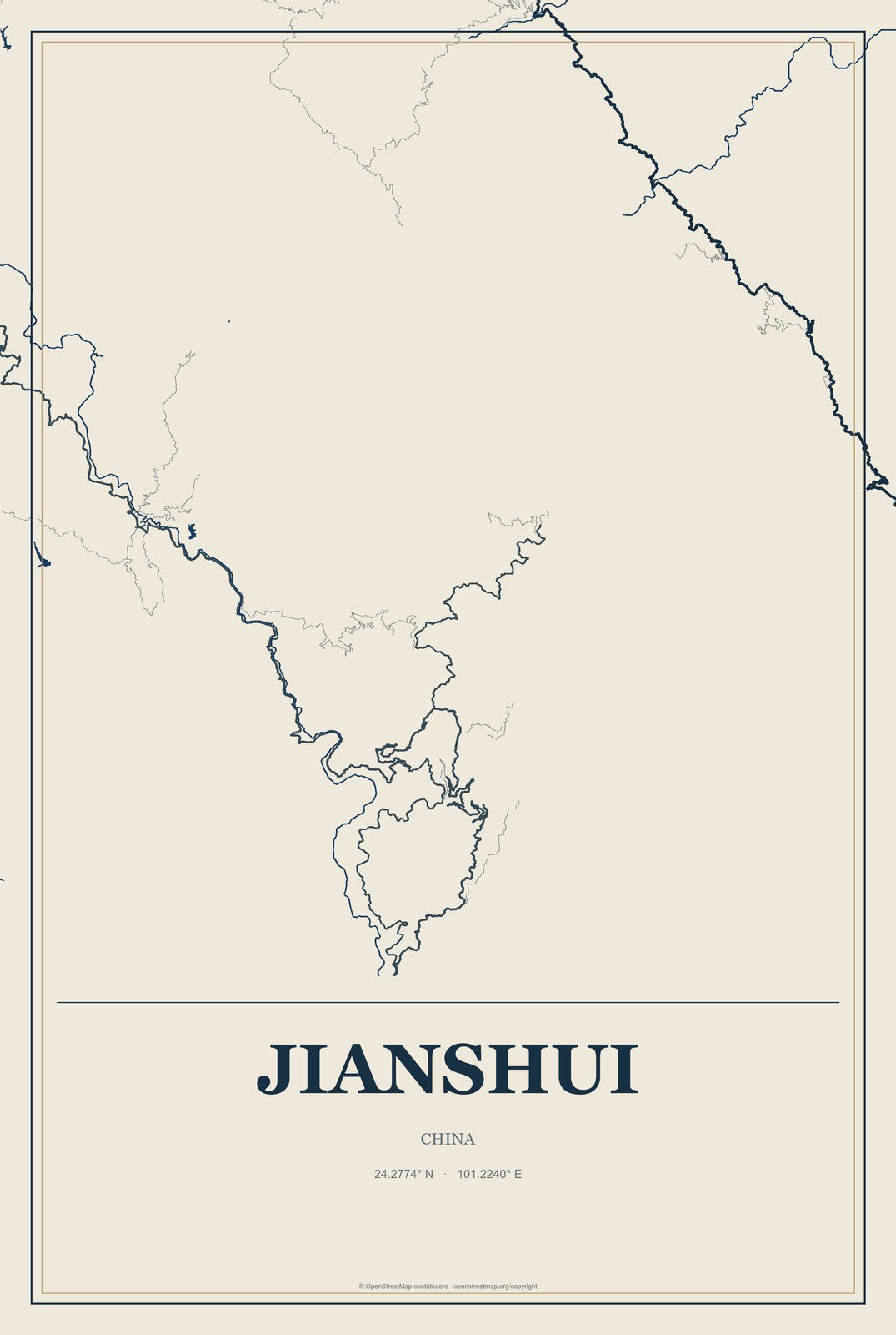 Jianshui, China City Map Aluminum Sign in Coastal Cutout style
