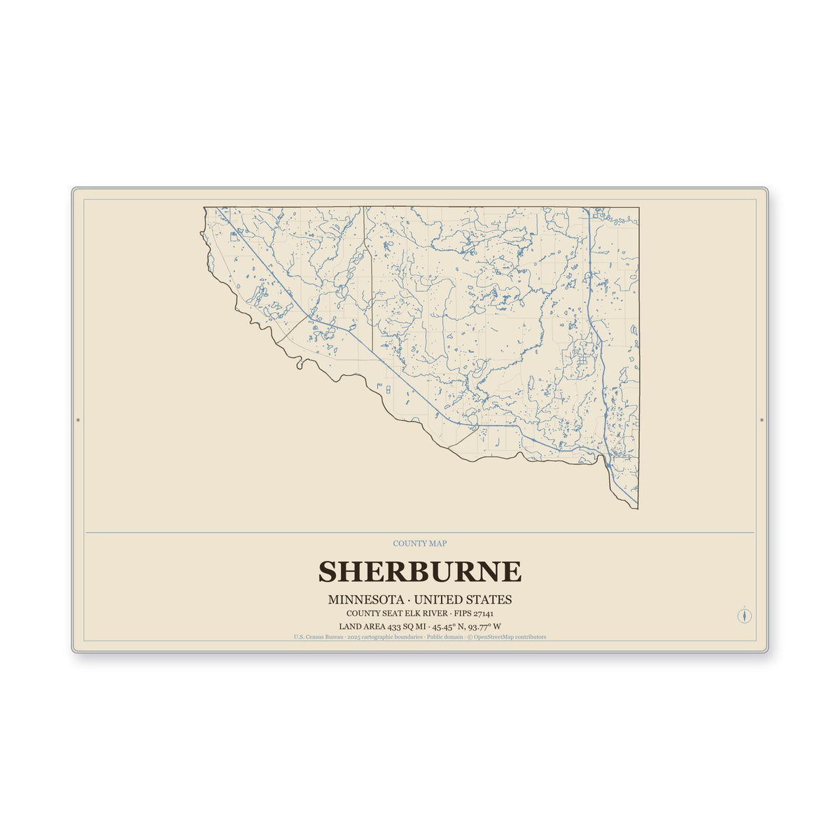 Sherburne County, Minnesota Map Aluminum Sign in Heritage Nautical style
