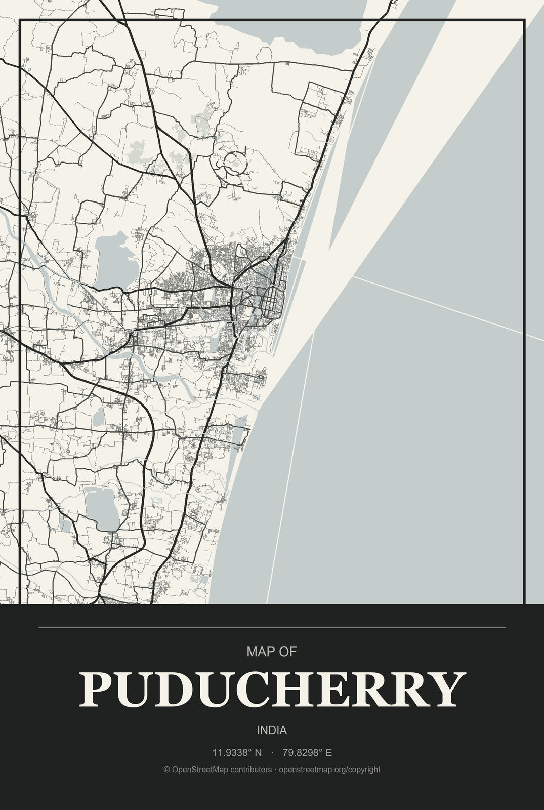 Puducherry, India City Map Aluminum Sign in Museum Plaque style