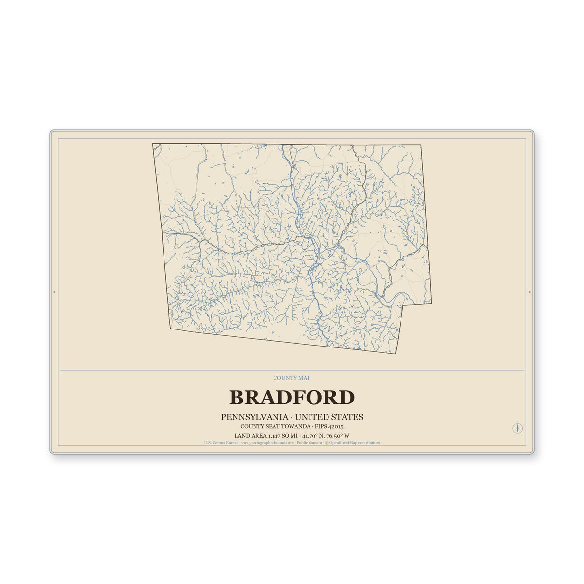 Bradford County, Pennsylvania Map Aluminum Sign in Heritage Nautical style