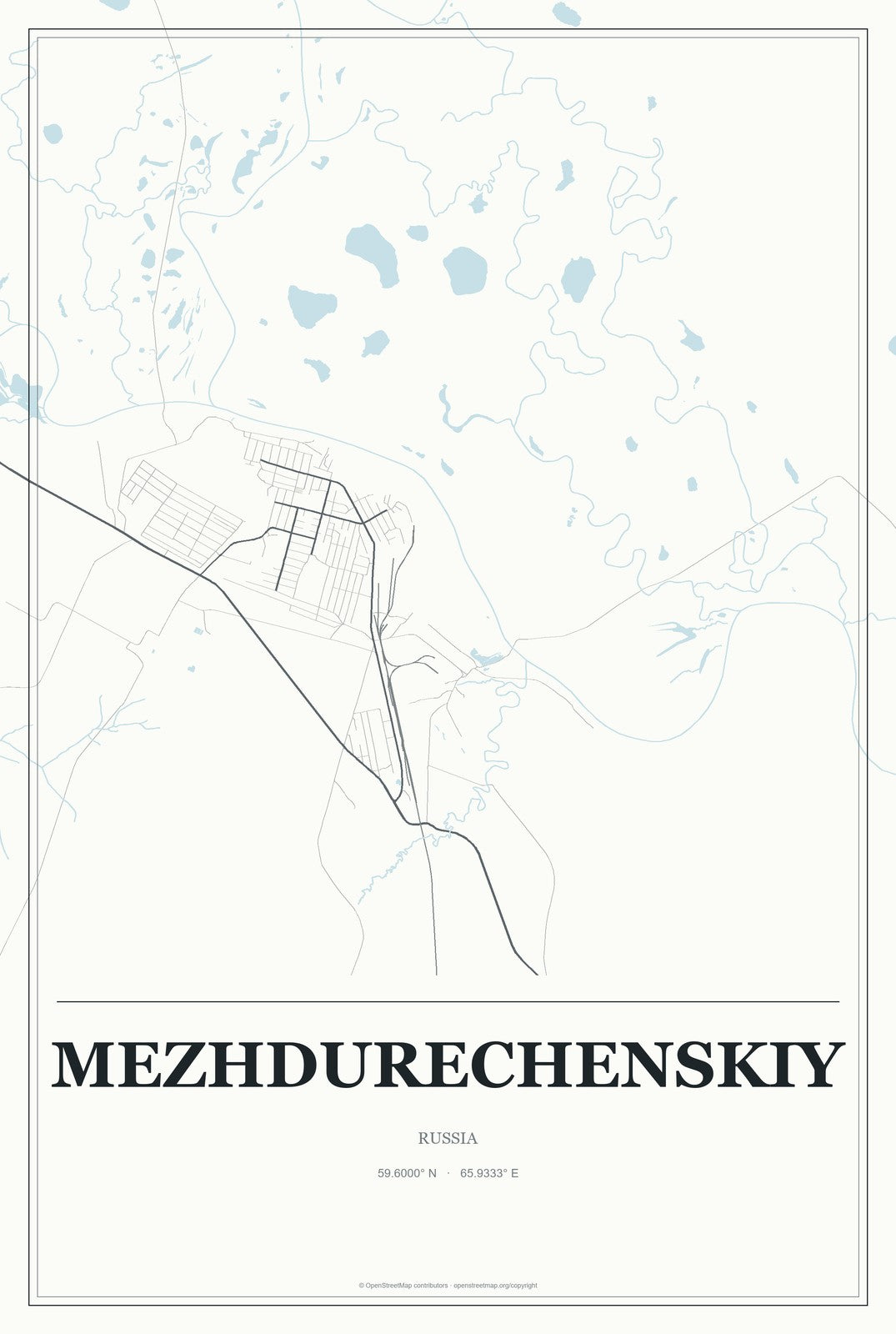 Mezhdurechenskiy, Russia City Map Aluminum Sign in Gallery Air style