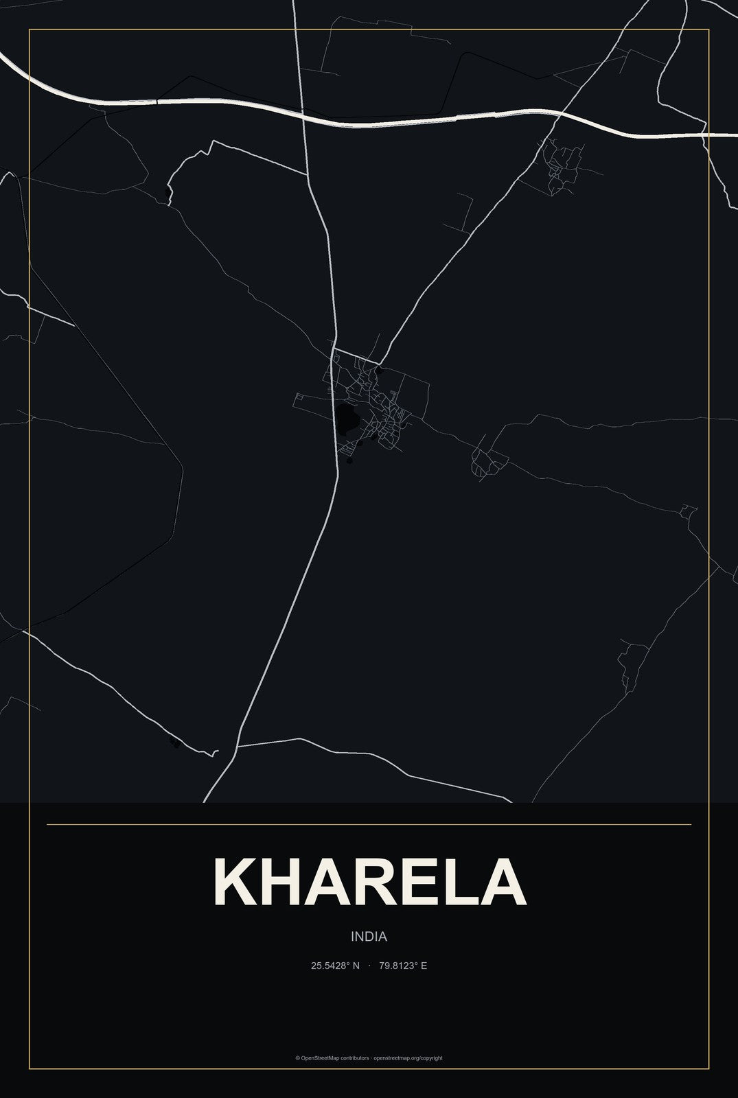 Kharela, India City Map Aluminum Sign in Metropolitan Noir style