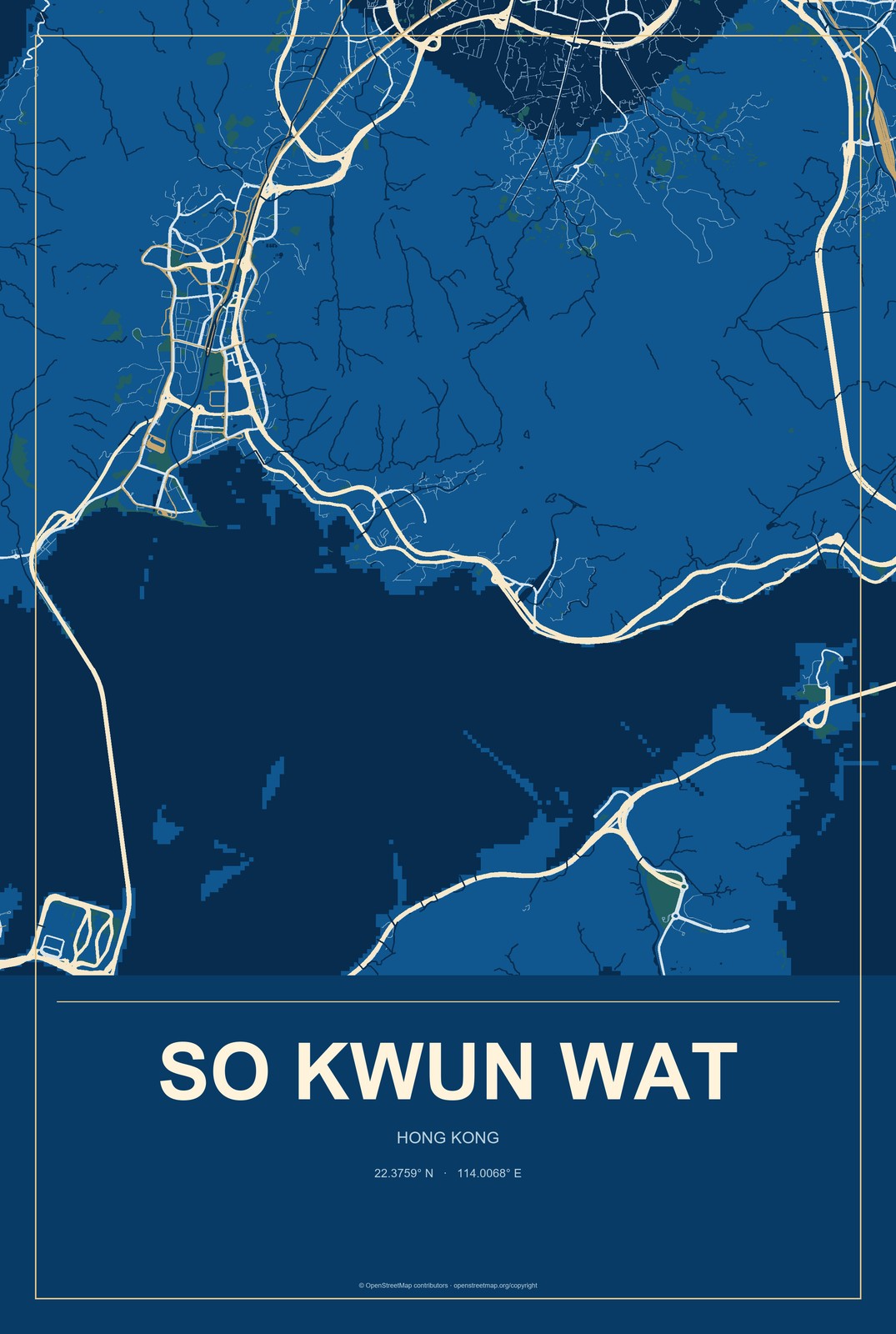 So Kwun Wat, Hong Kong City Map Aluminum Sign in Harbor Cobalt style