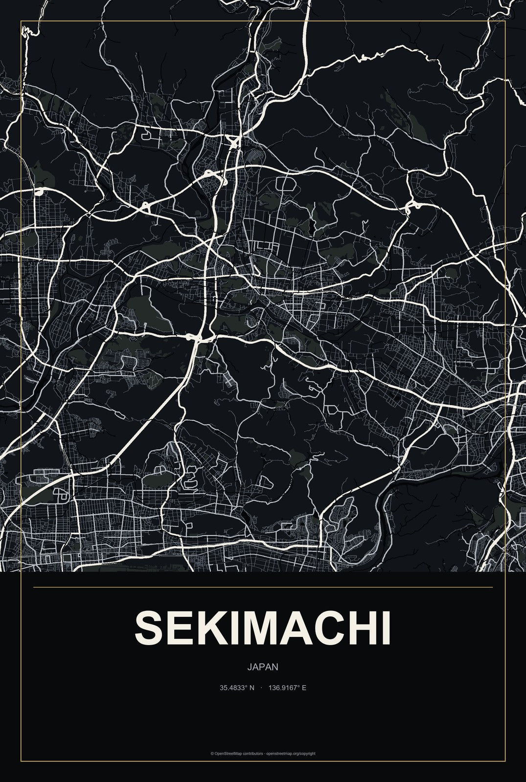 Sekimachi, Japan City Map Aluminum Sign in Metropolitan Noir style