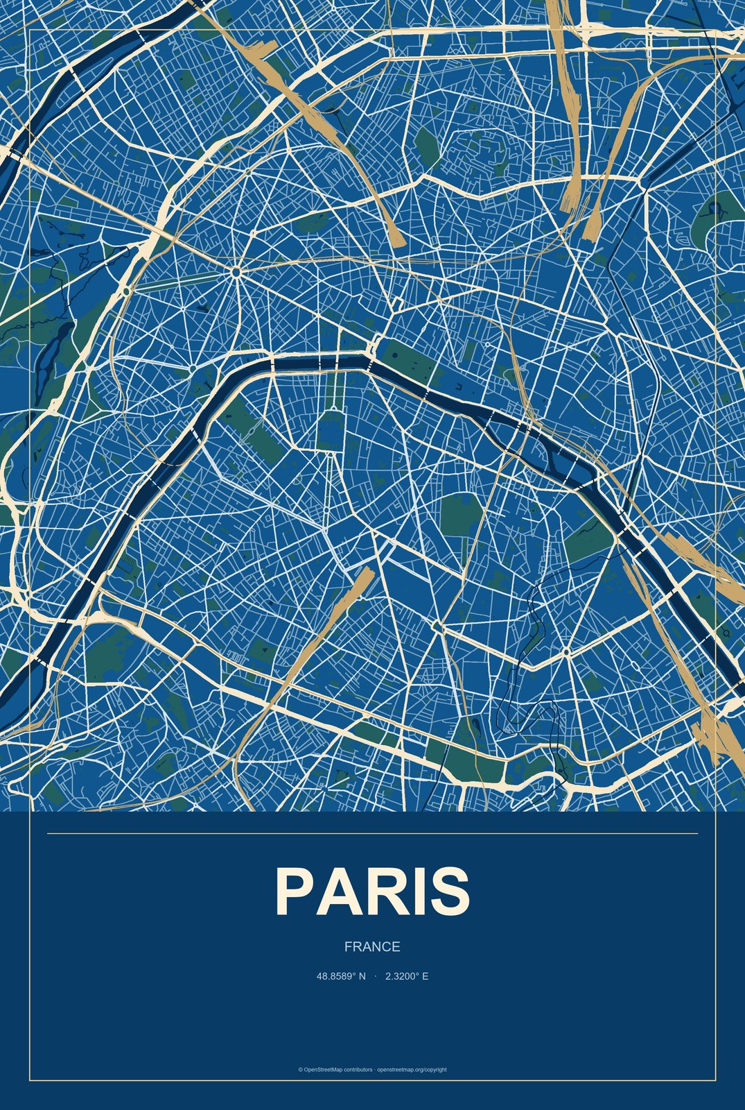 Paris, France City Map Aluminum Sign in Harbor Cobalt style