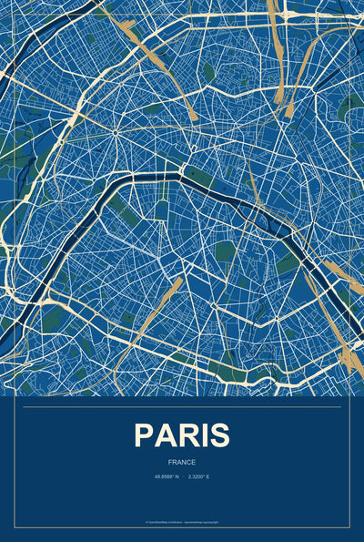 Paris, France City Map Aluminum Sign in Harbor Cobalt style