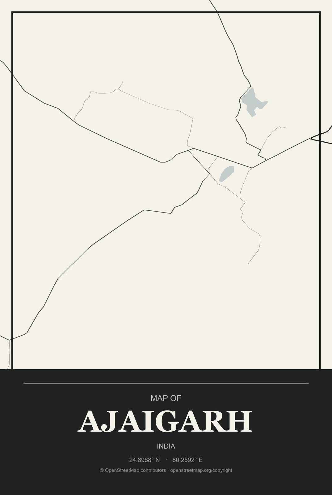 Ajaigarh, India City Map Aluminum Sign in Museum Plaque style