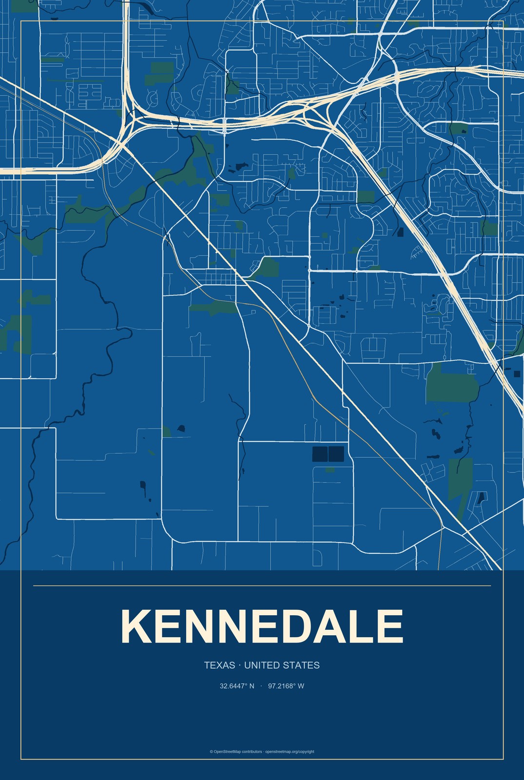 Kennedale, Texas City Map Aluminum Sign in Harbor Cobalt style