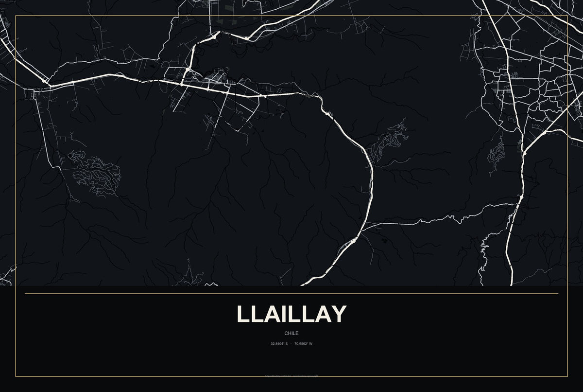 Llaillay, Chile City Map Aluminum Sign in Metropolitan Noir style