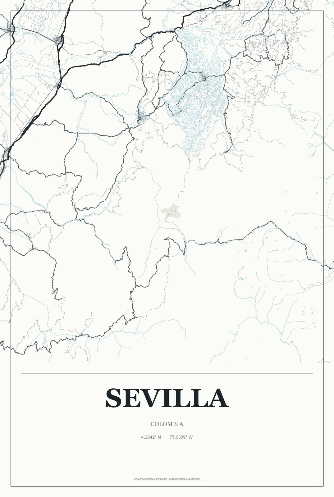 Sevilla, Colombia City Map Aluminum Sign in Gallery Air style