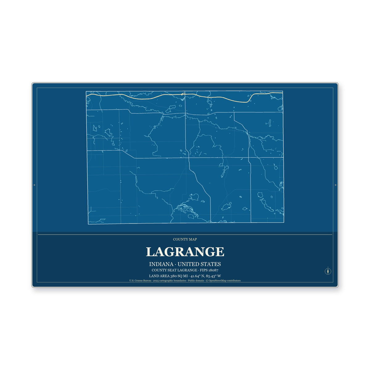 LaGrange County, Indiana Map Aluminum Sign in Harbor Cobalt style