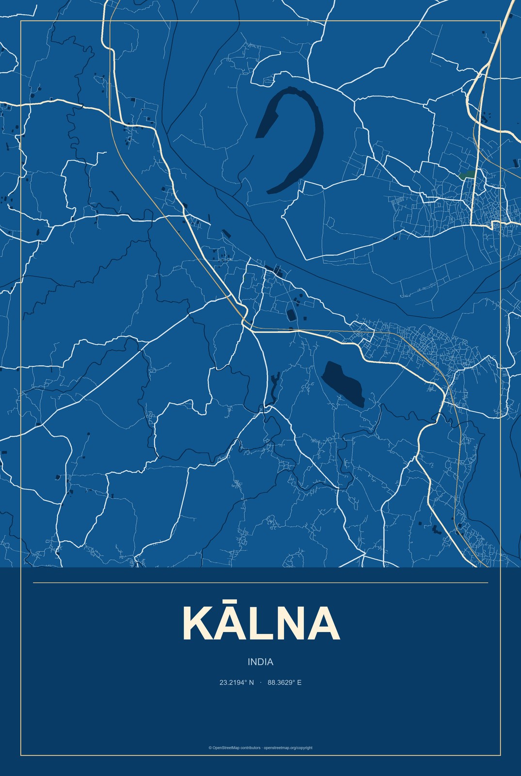 Kālna, India City Map Aluminum Sign in Harbor Cobalt style