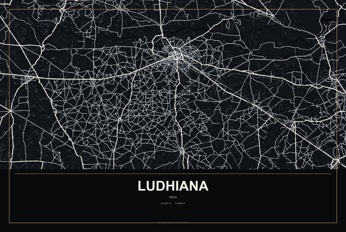 Ludhiana, India City Map Aluminum Sign in Metropolitan Noir style