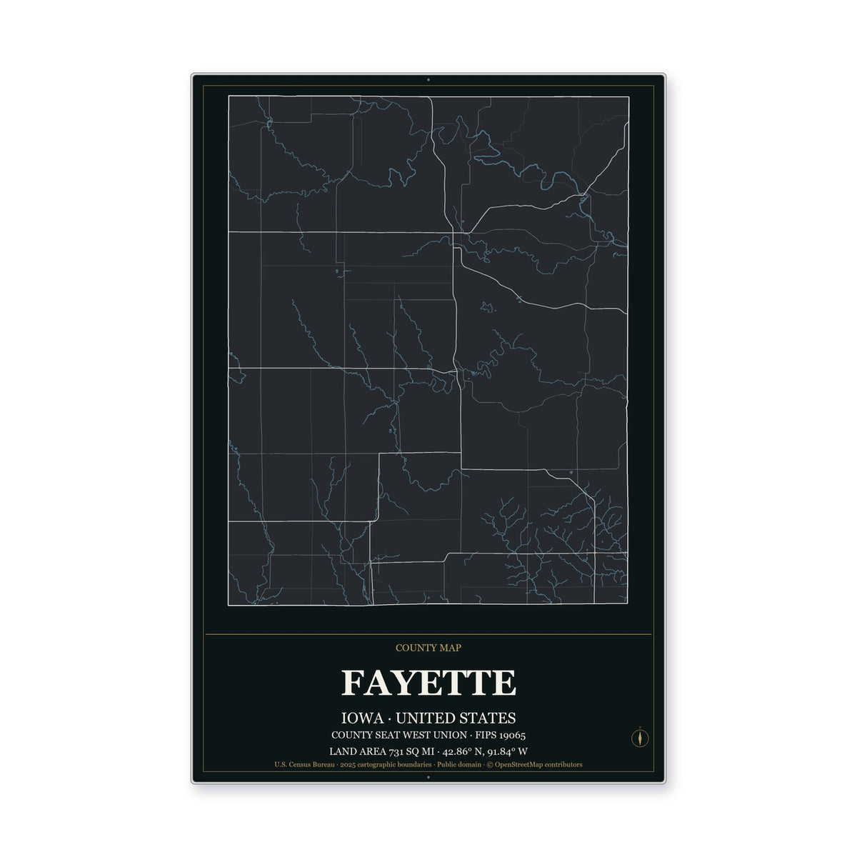 Fayette County, Iowa Map Aluminum Sign in Metropolitan Noir style