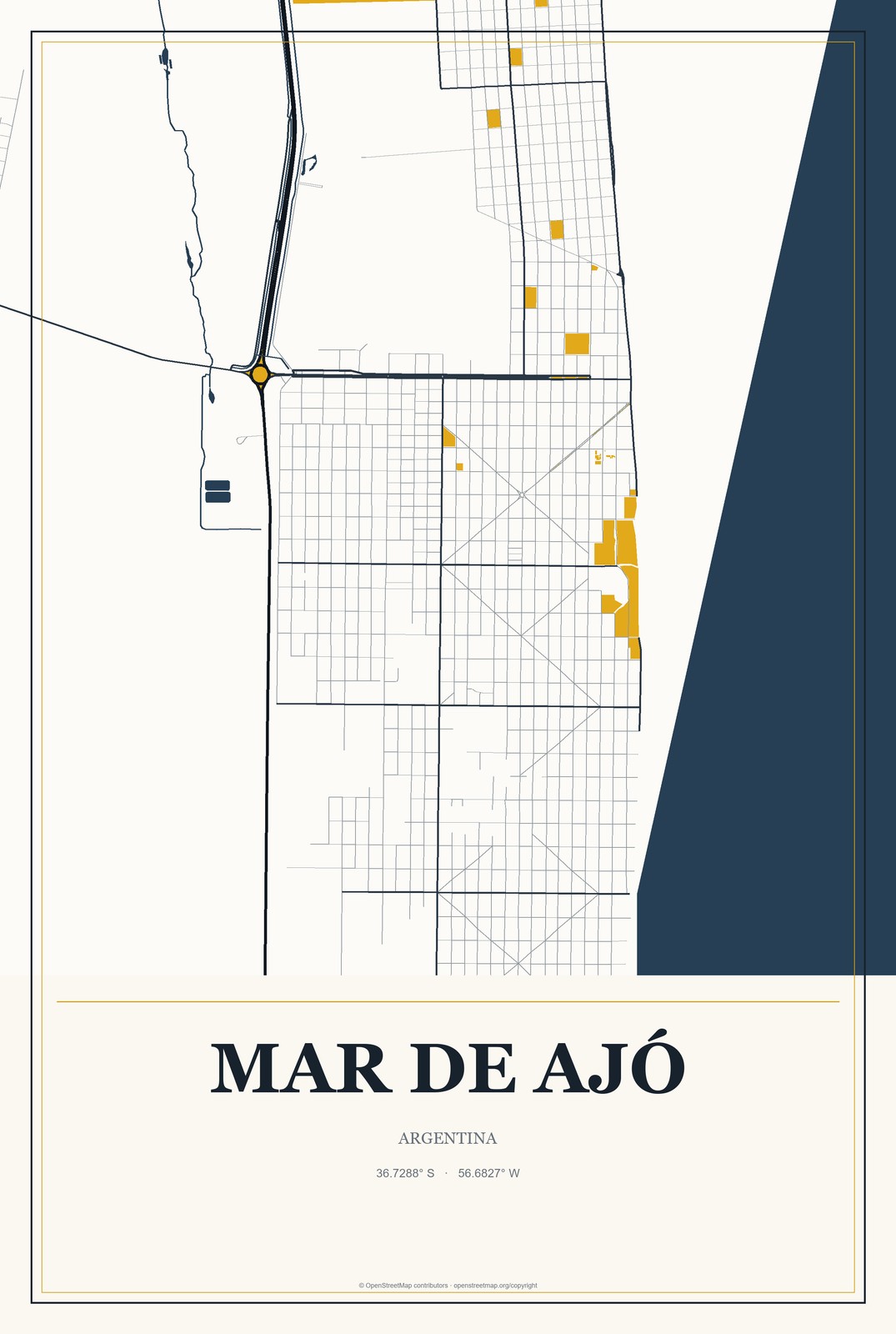 Mar de Ajó, Argentina City Map Aluminum Sign in Citrine Modern style