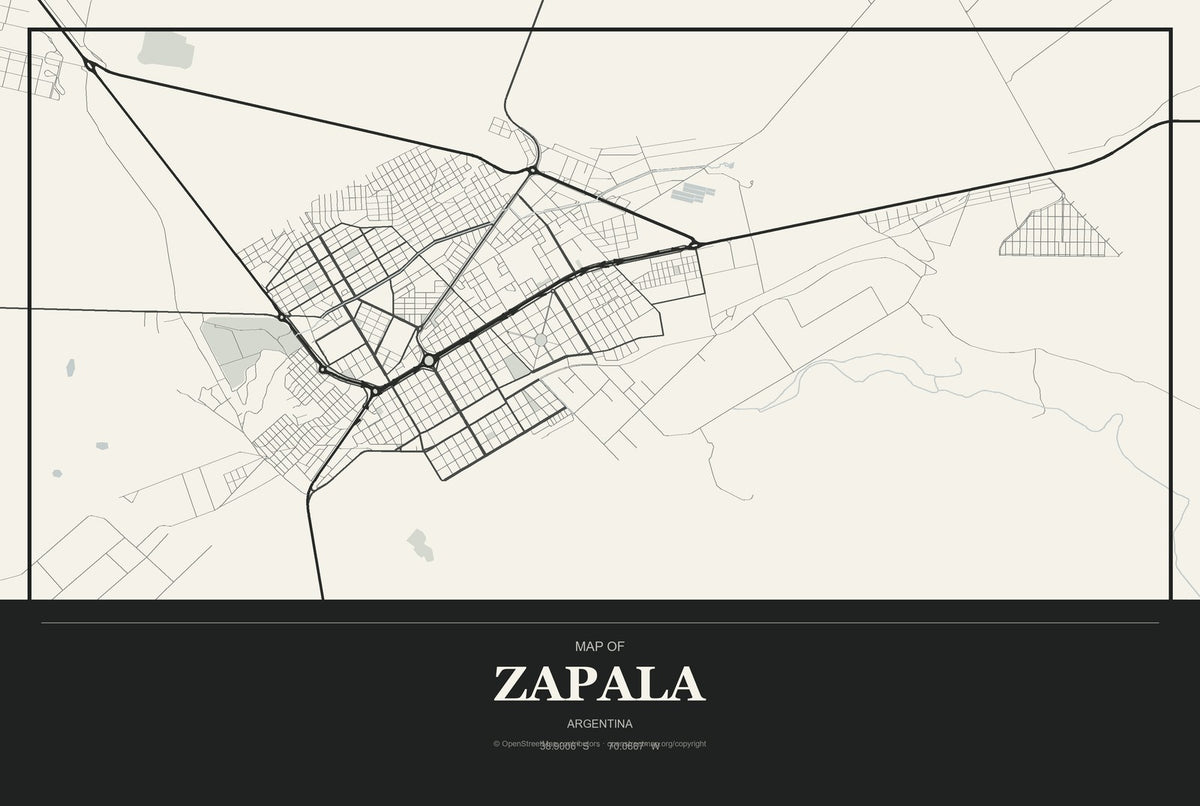 Zapala, Argentina City Map Aluminum Sign in Museum Plaque style