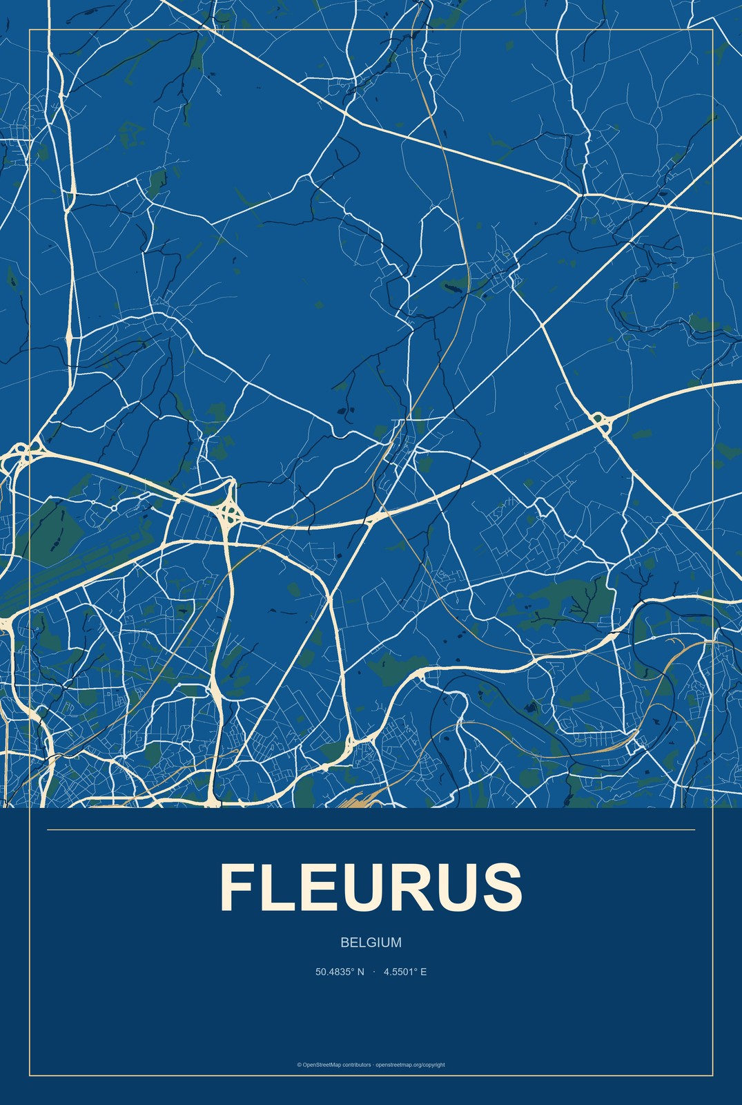 Fleurus, Belgium City Map Aluminum Sign in Harbor Cobalt style