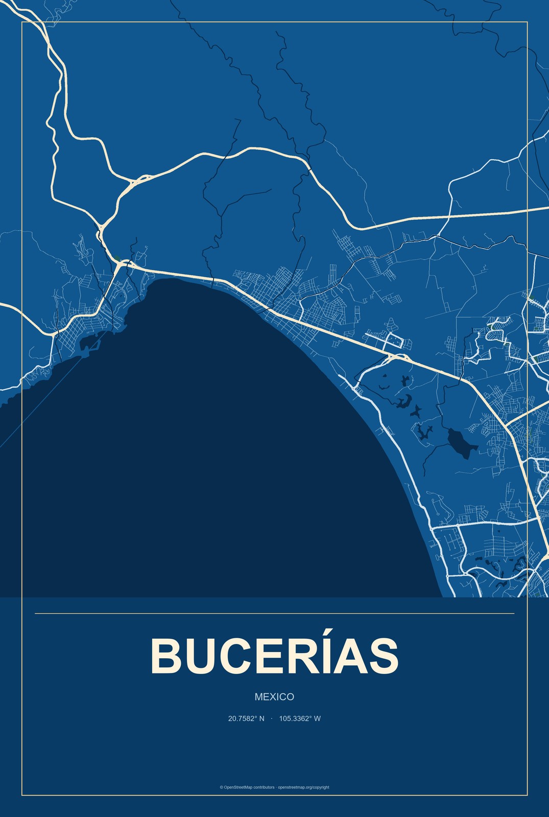 Bucerías, Mexico City Map Aluminum Sign in Harbor Cobalt style