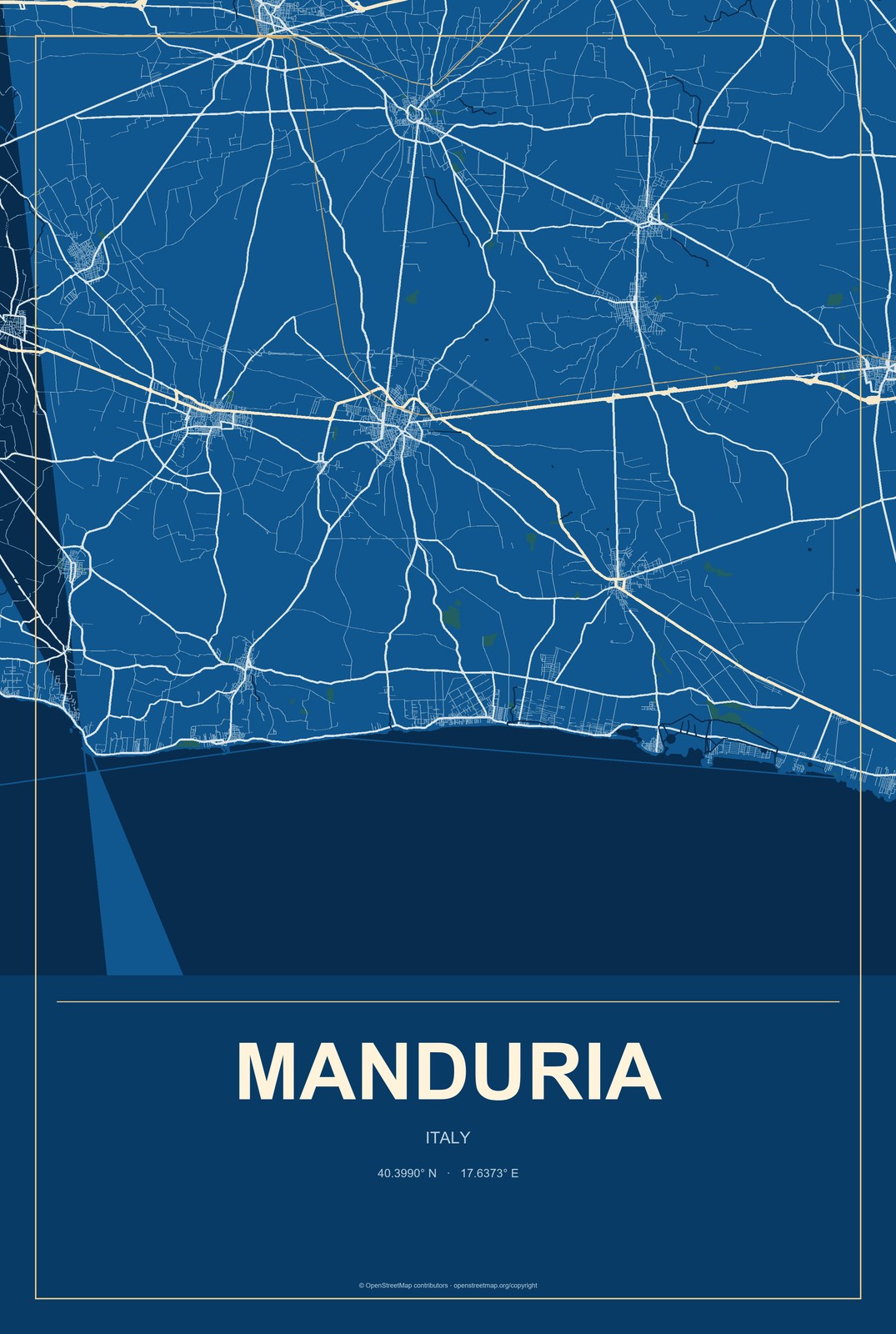 Manduria, Italy City Map Aluminum Sign in Harbor Cobalt style