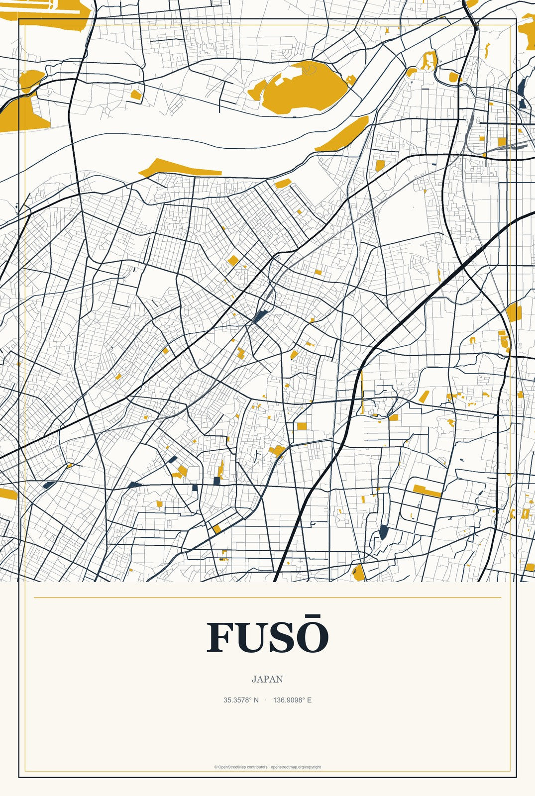 Fusō, Japan City Map Aluminum Sign in Citrine Modern style