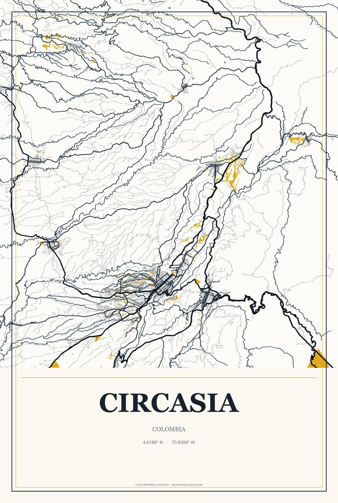 Circasia, Colombia City Map Aluminum Sign in Citrine Modern style