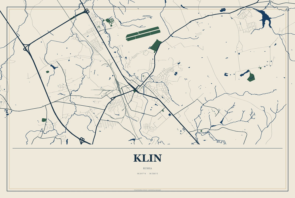 Klin, Russia City Map Aluminum Sign in Coastal Cutout style