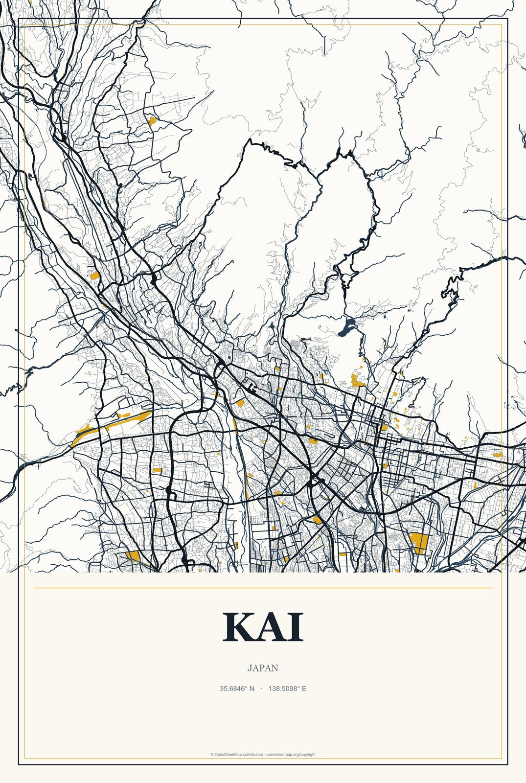 Kai, Japan City Map Aluminum Sign in Citrine Modern style