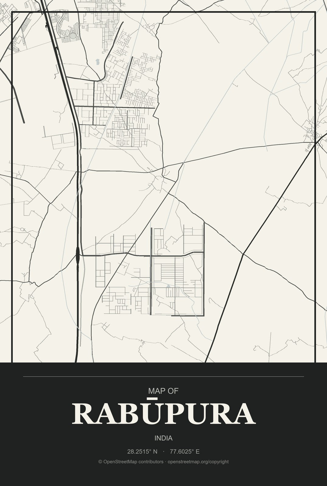 Rabūpura, India City Map Aluminum Sign in Museum Plaque style