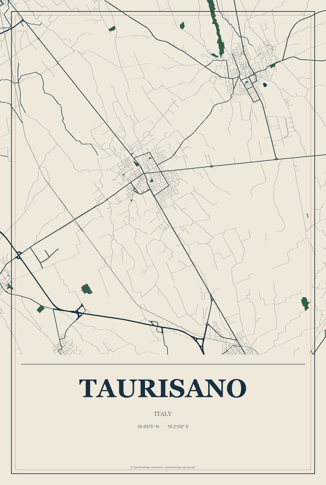Taurisano, Italy City Map Aluminum Sign in Coastal Cutout style