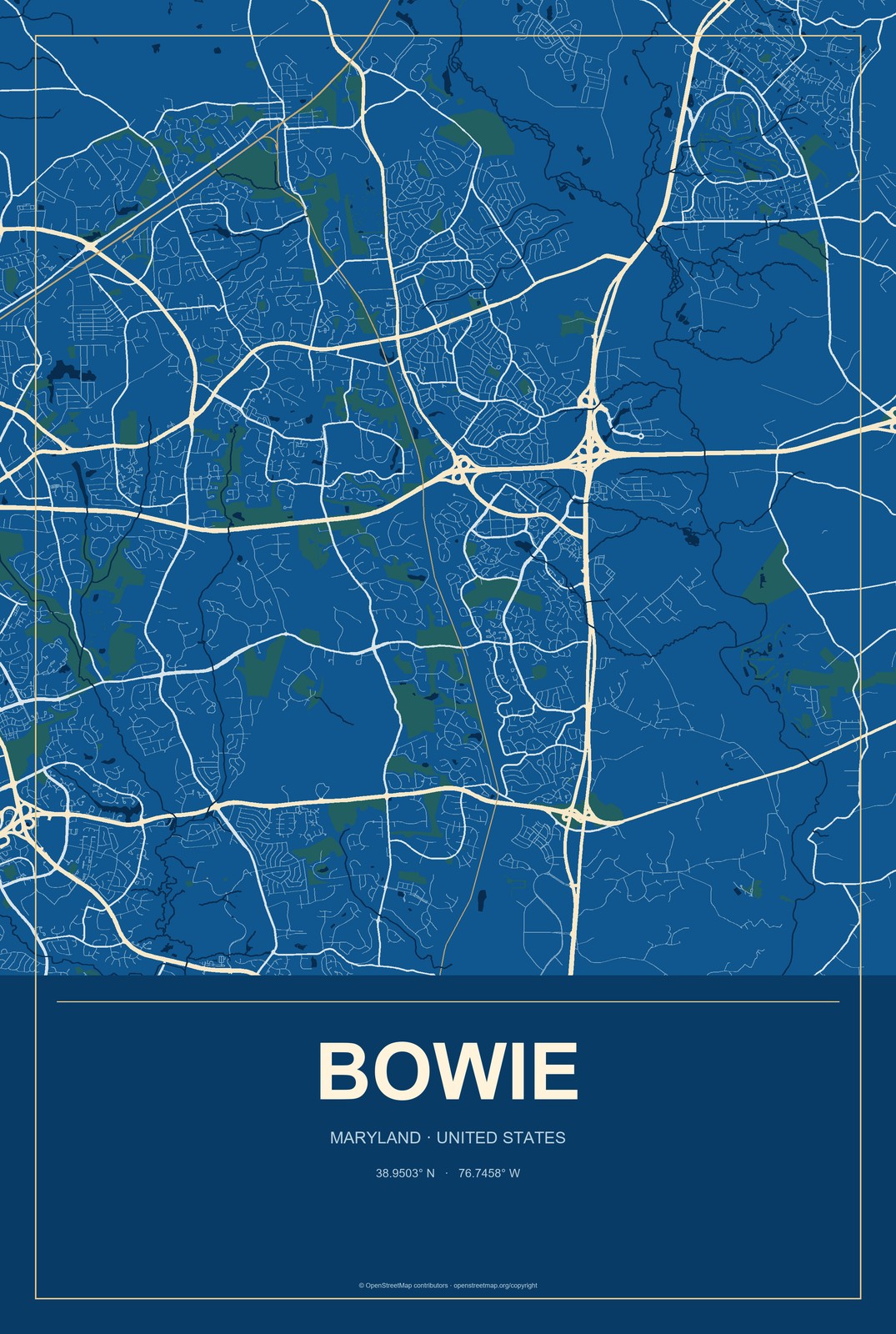 Bowie, Maryland City Map Aluminum Sign in Harbor Cobalt style
