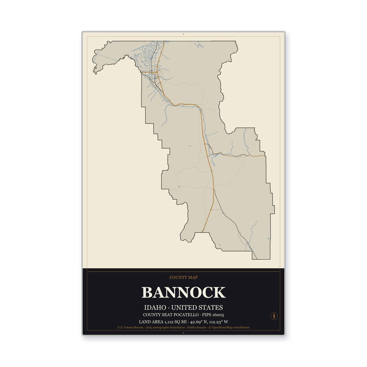 Bannock County, Idaho Map Aluminum Sign in Museum Plaque style