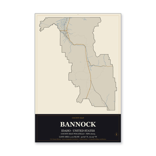 Bannock County, Idaho Map Aluminum Sign in Museum Plaque style