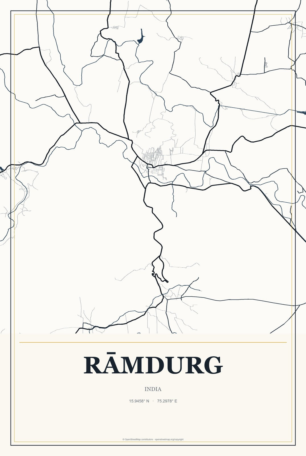 Rāmdurg, India City Map Aluminum Sign in Citrine Modern style