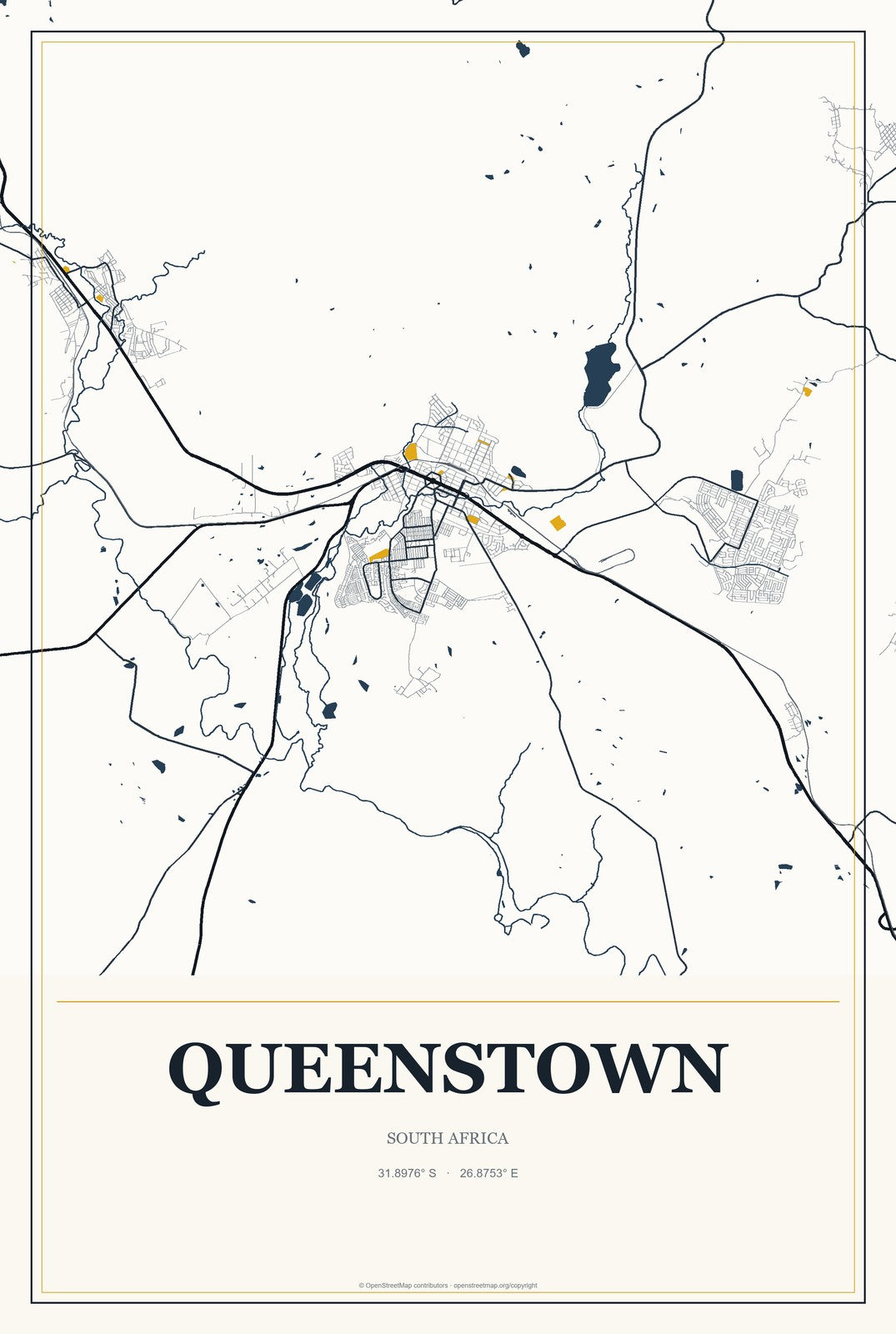 Queenstown, South Africa City Map Aluminum Sign in Citrine Modern style