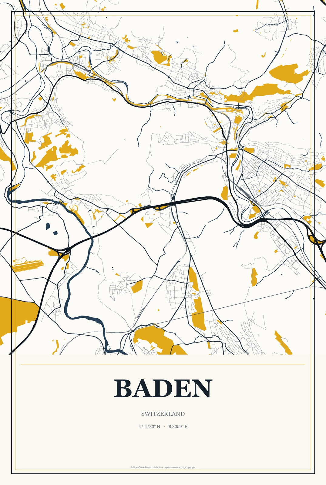 Baden, Switzerland City Map Aluminum Sign in Citrine Modern style