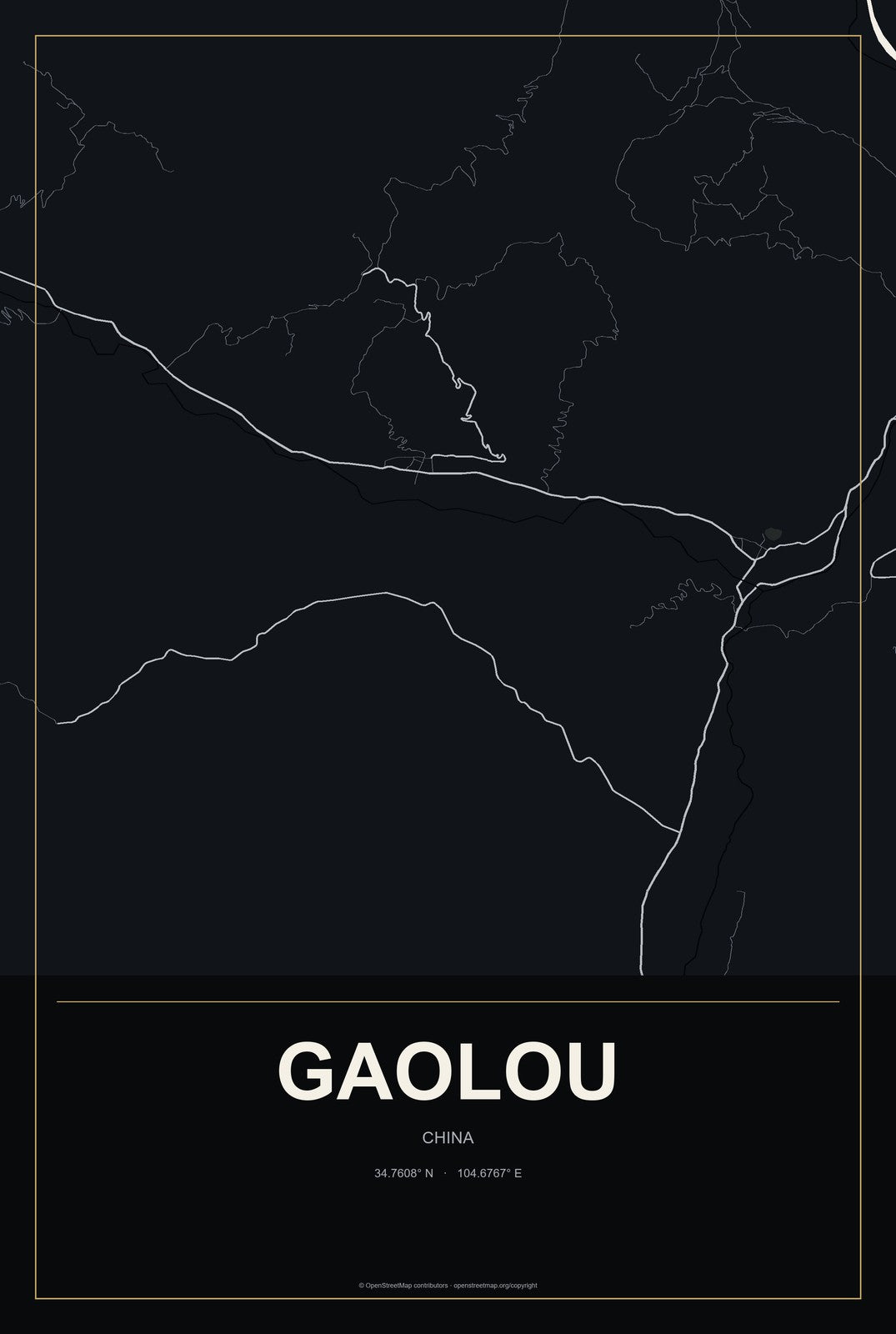 Gaolou, China City Map Aluminum Sign in Metropolitan Noir style