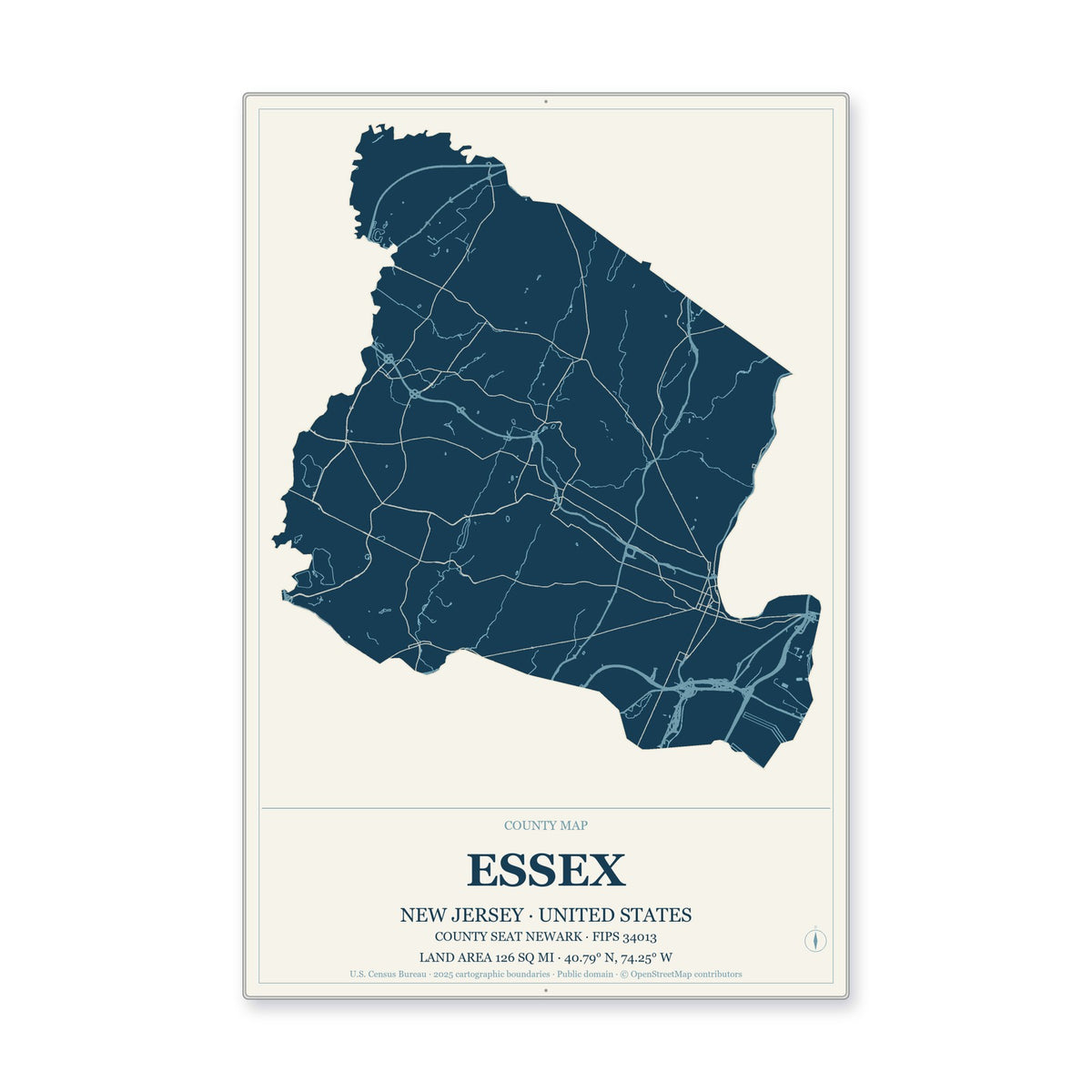 Essex County, New Jersey Map Aluminum Sign in Coastal Cutout style