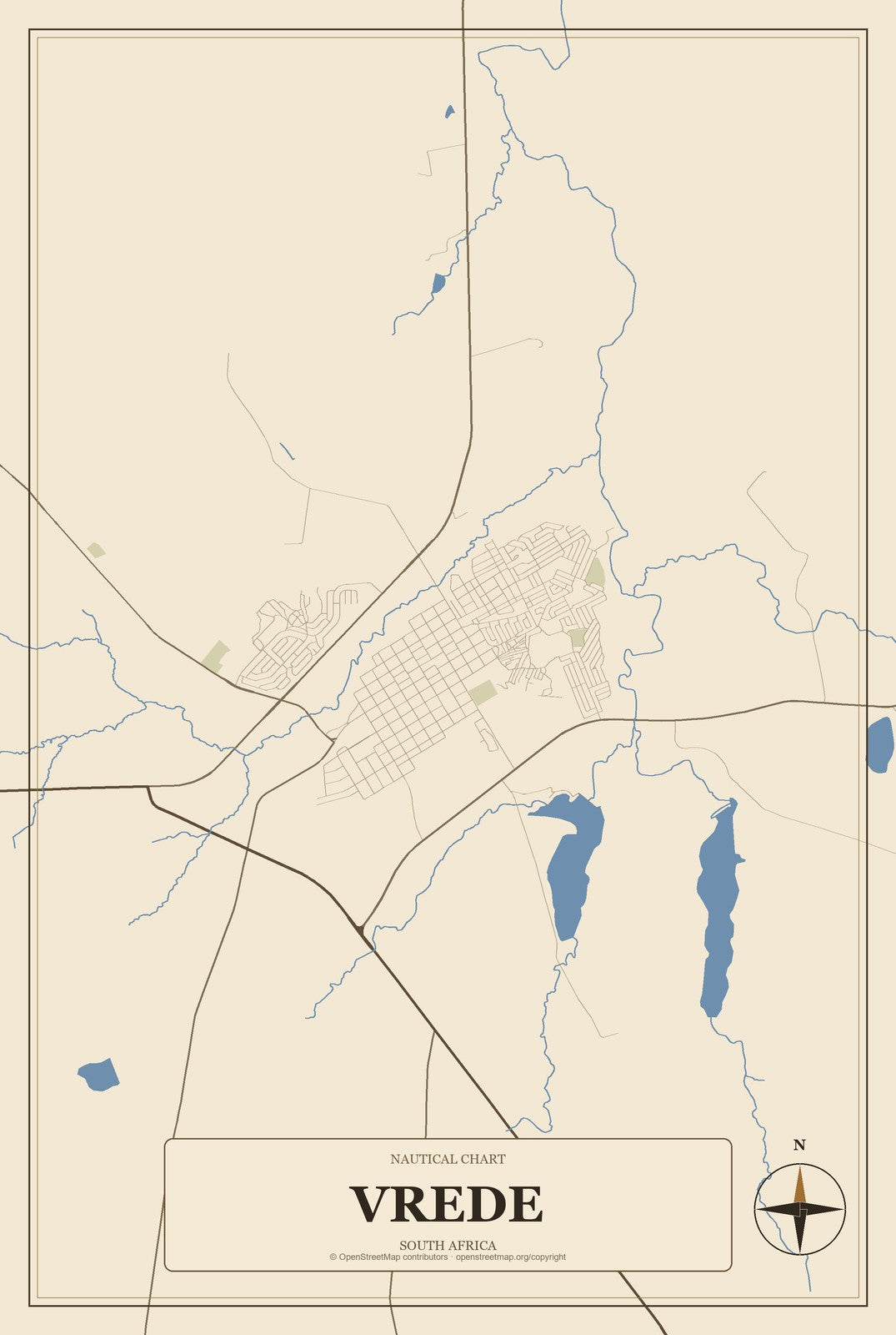 Vrede, South Africa City Map Aluminum Sign in Heritage Nautical style