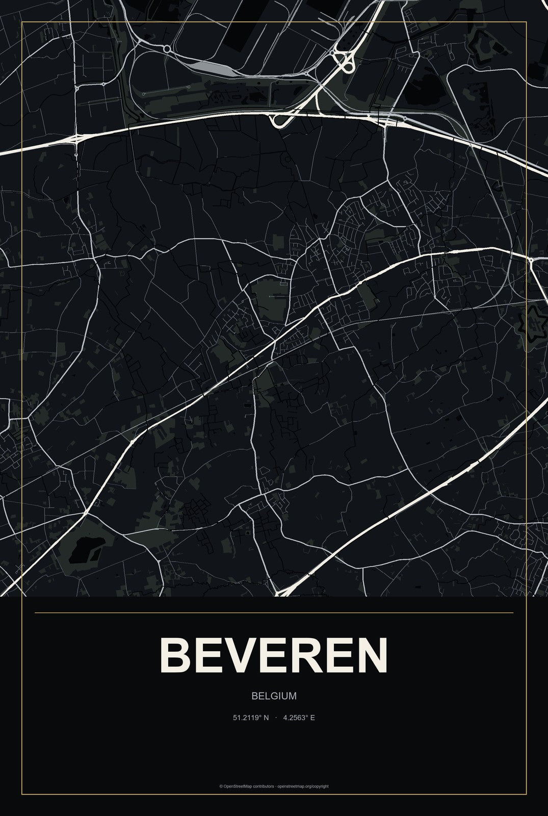 Beveren, Belgium City Map Aluminum Sign in Metropolitan Noir style
