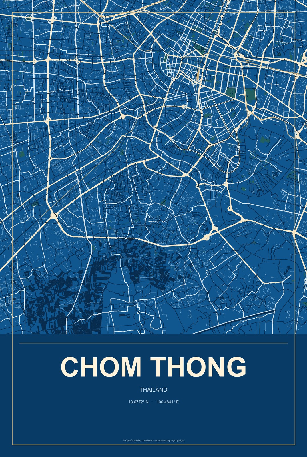Chom Thong, Chiang Mai, Thailand City Map Aluminum Sign in Harbor Cobalt style