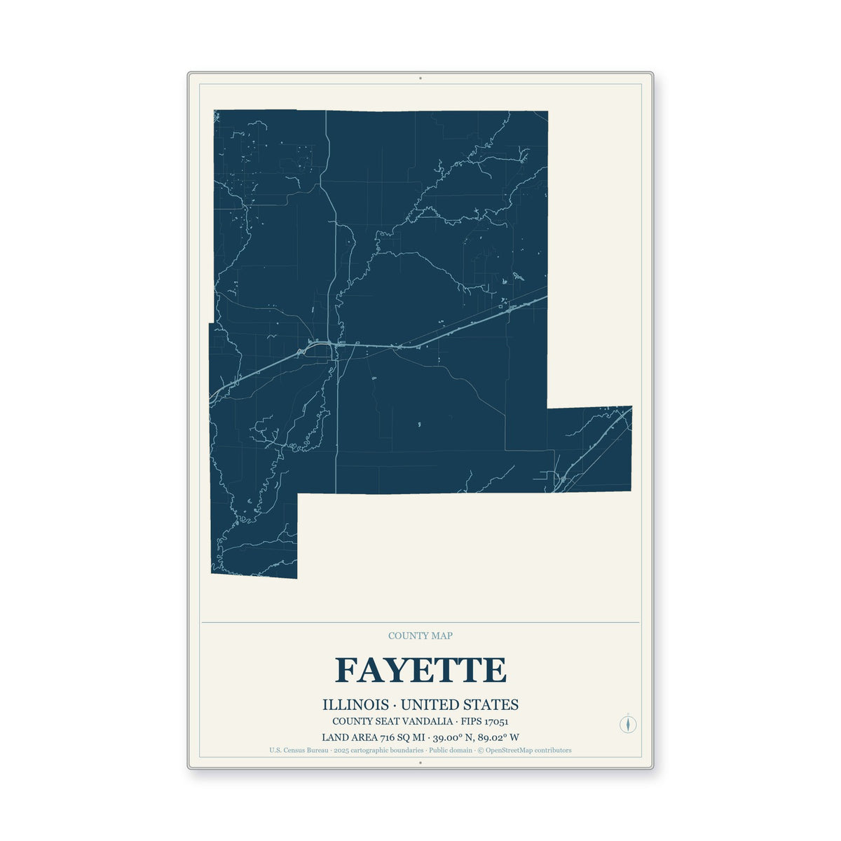Fayette County, Illinois Map Aluminum Sign in Coastal Cutout style