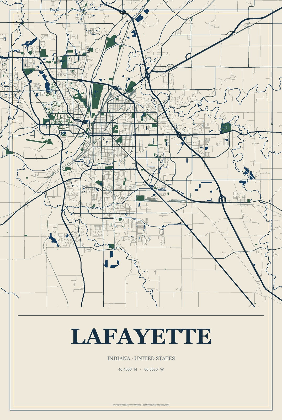 Lafayette, Indiana City Map Aluminum Sign in Coastal Cutout style