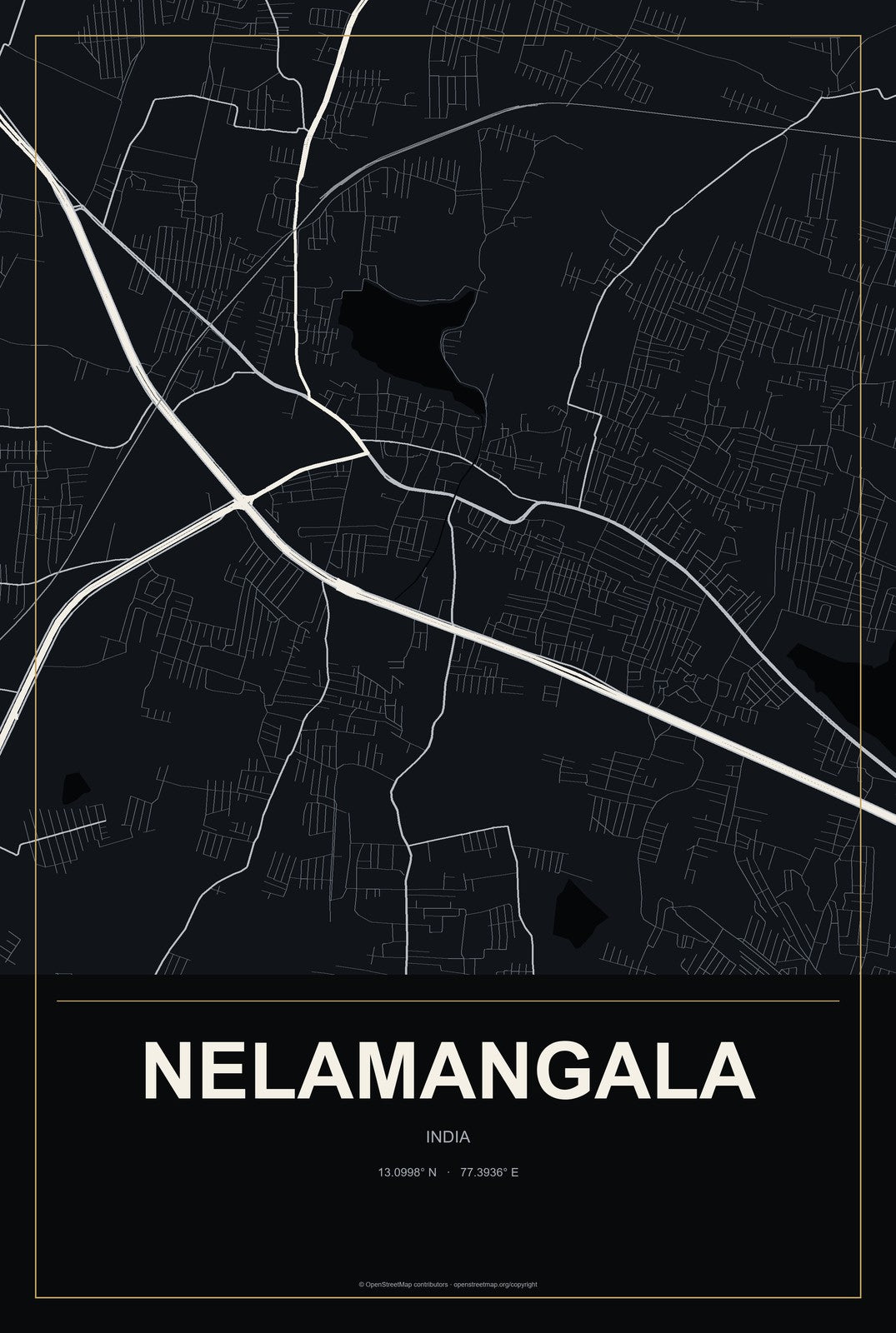 Nelamangala, India City Map Aluminum Sign in Metropolitan Noir style